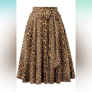 High waist a line skater skirt midi length - leopard print